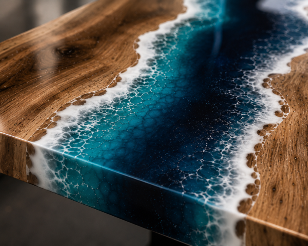 madera resina Detalle de madera natural y resina epoxi en mesa río artesanal