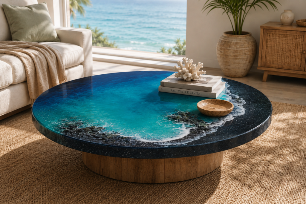 mesa epoxy playa negra Mesa oceano inspirada en playa volcánica de Tenerife con resina epoxi