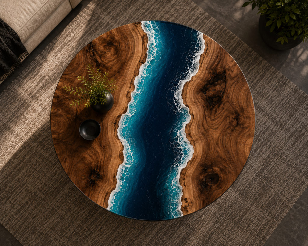mesa rio circular centro Mesa río circular de madera natural y resina epoxi personalizada en Tenerife