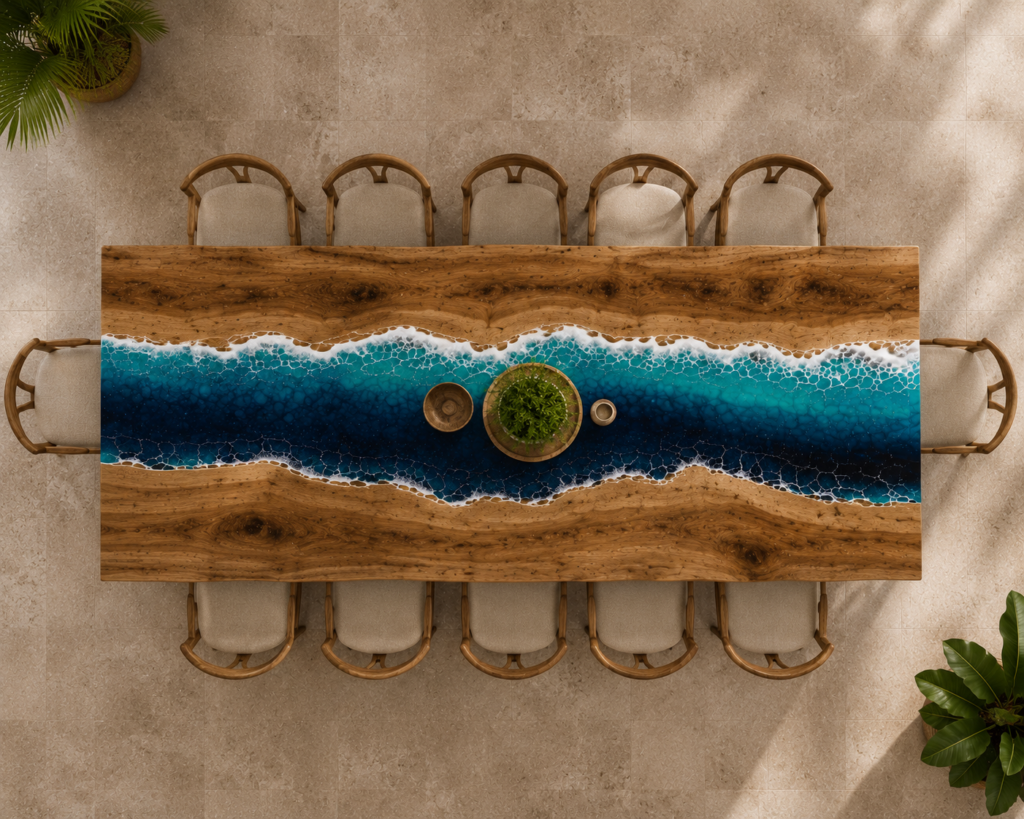 mesa rio vista arriba Mesa río artesanal inspirada en el océano Atlántico con resina epoxi azul